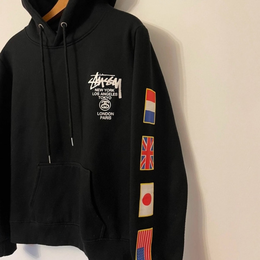 Stussy Black Hoodie with International Flag Sleeve - Picture 2 of 5